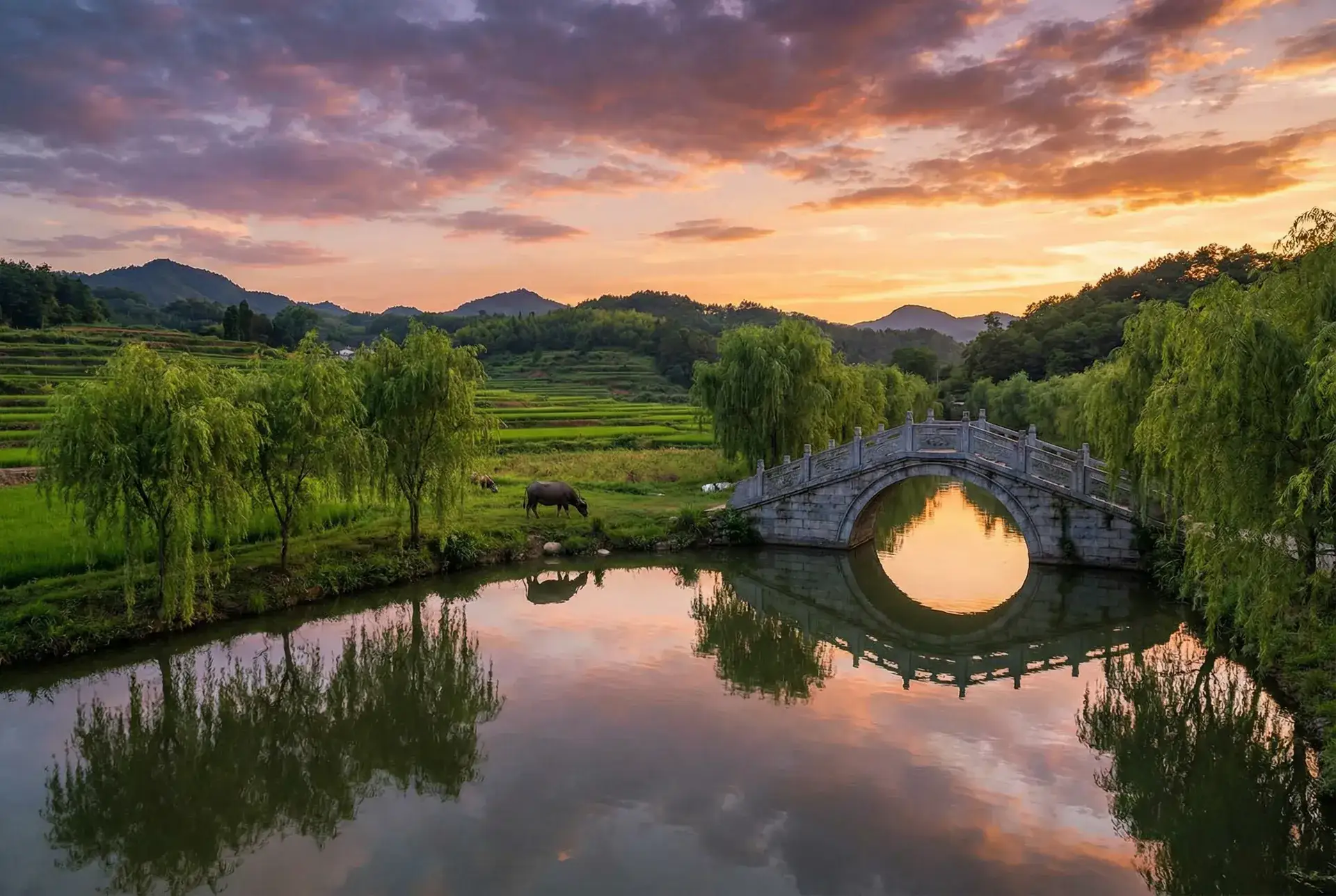 夕阳下的石拱桥与垂柳，水牛在河边吃草 - 最新韩国r剧2019在线观看 乡村美景